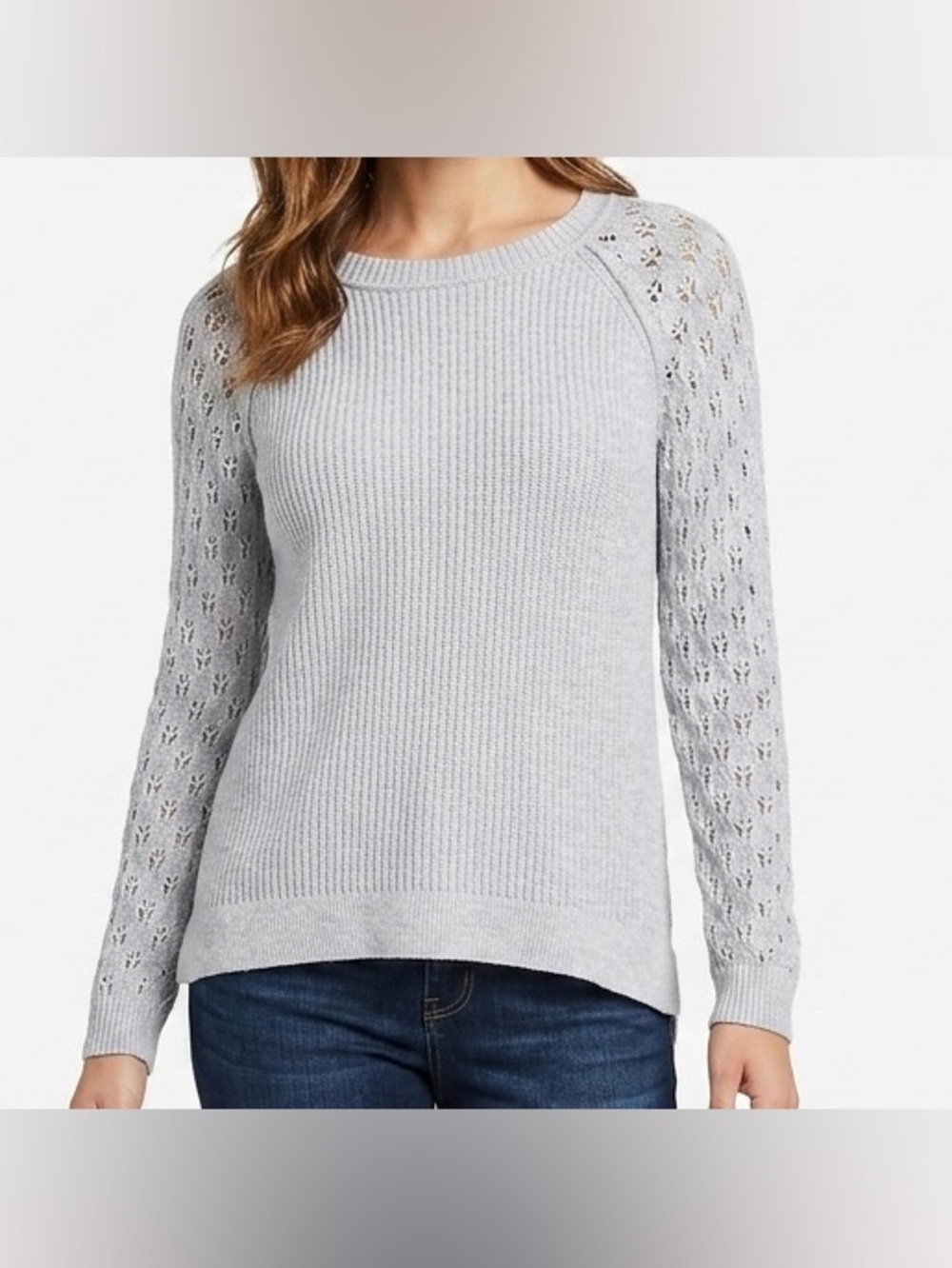 LOFT Light Gray Pointelle Sleeve Knit Sweater X-Large